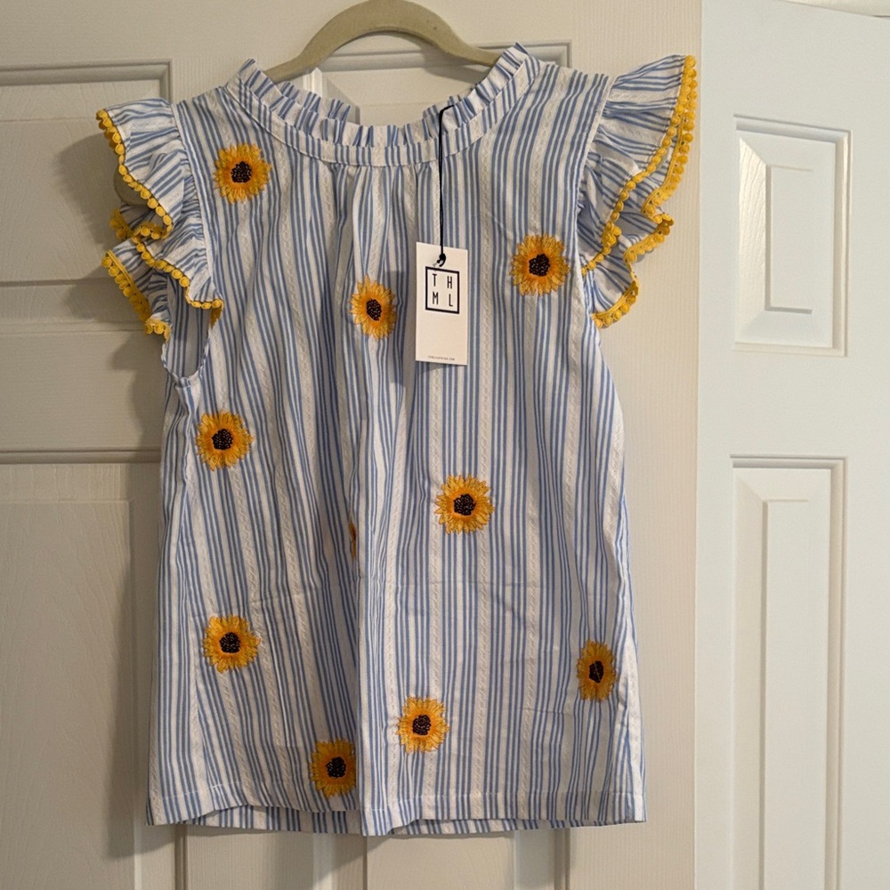 THML Blue & Yellow Striped Sunflower Ruffle Sleeve Top